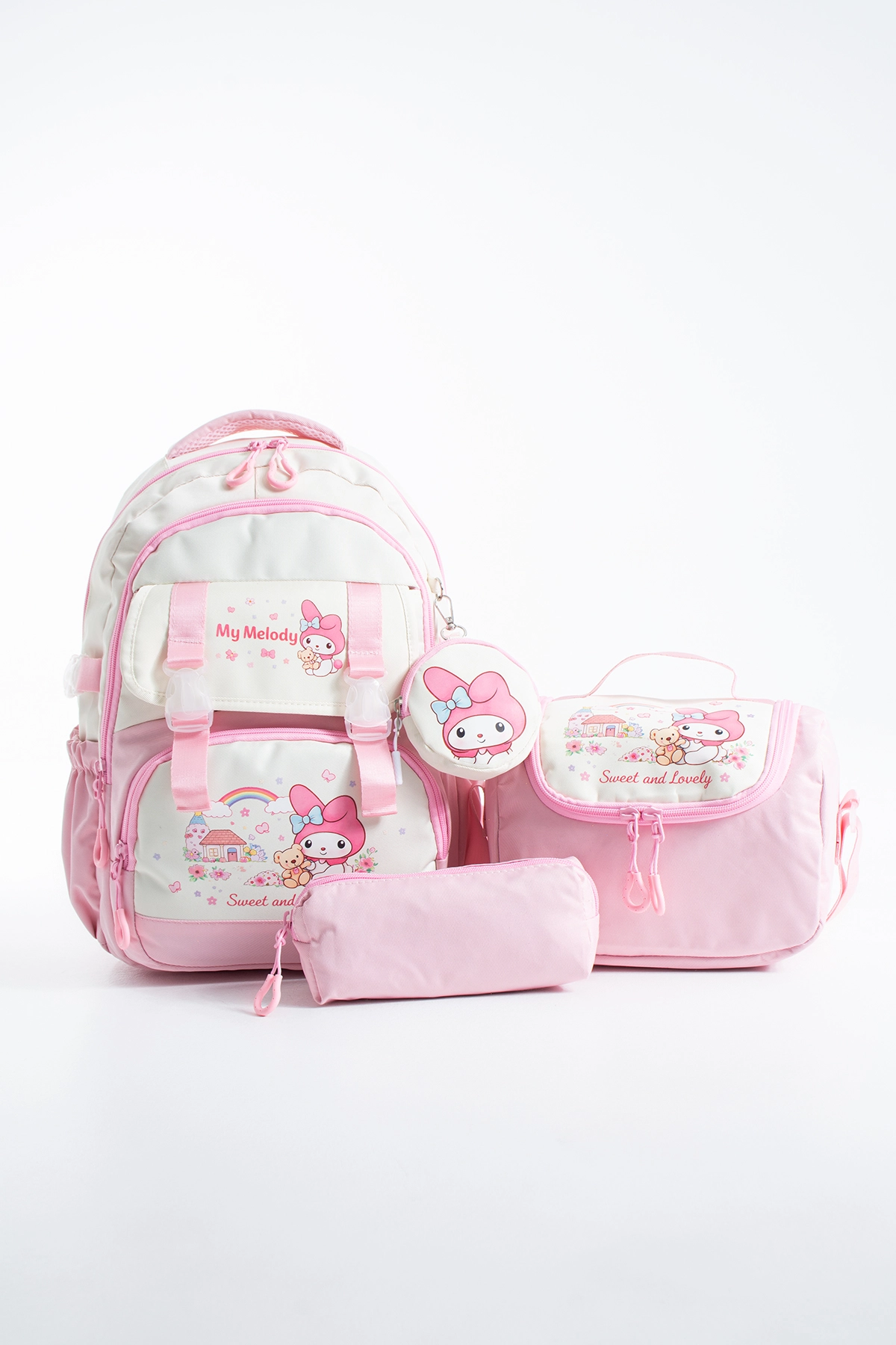 Kore Kawaii 4’lü Okul Çantası Seti Ortopedik Sırt Çantası - Twill Kumaş, Termal Beslenme Çantası, Kalemlik ve Cüzdan
