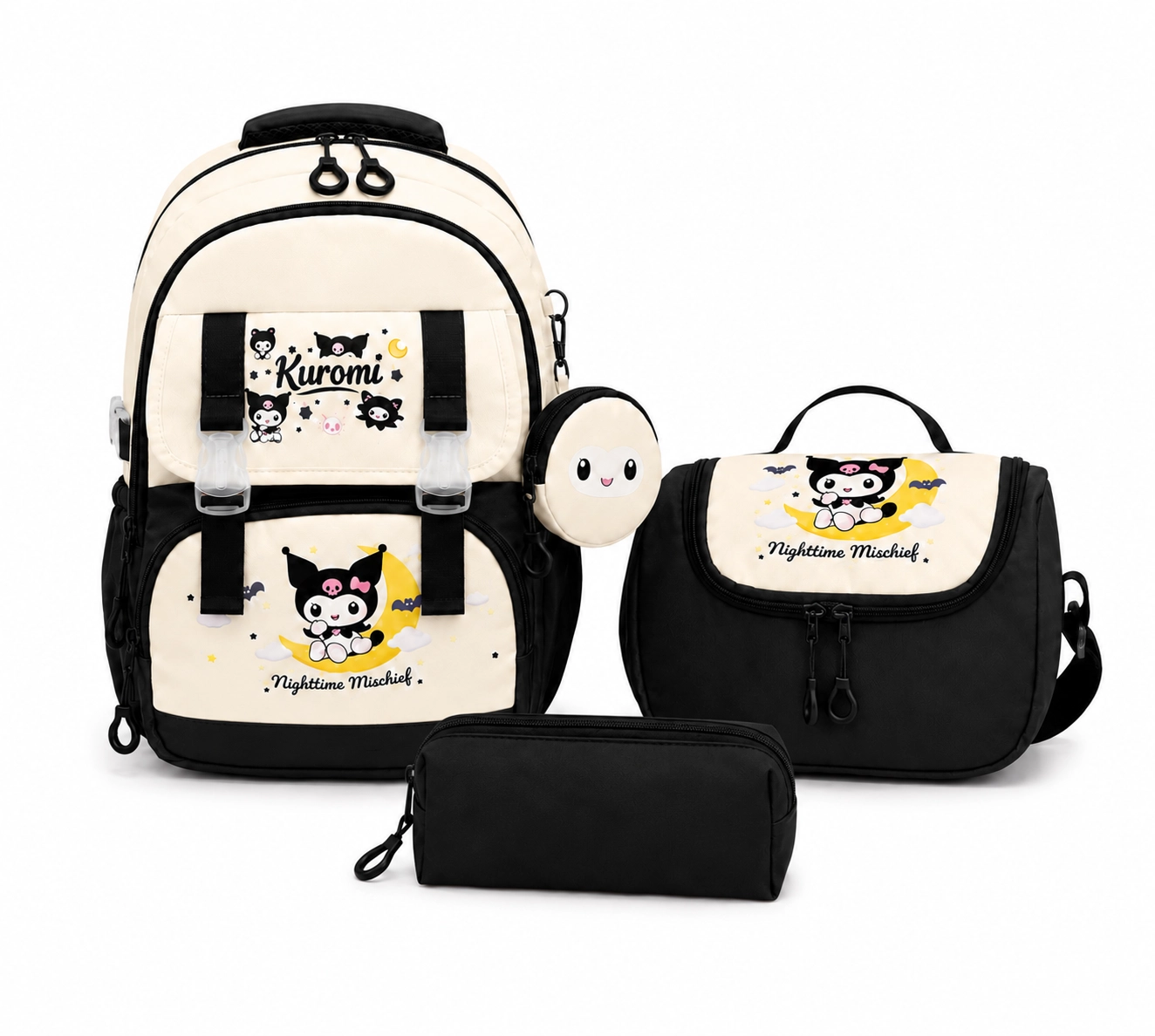 Kore Kawaii 4’lü Okul Çantası Seti Ortopedik Sırt Çantası - Twill Kumaş, Termal Beslenme Çantası, Kalemlik ve Cüzdan