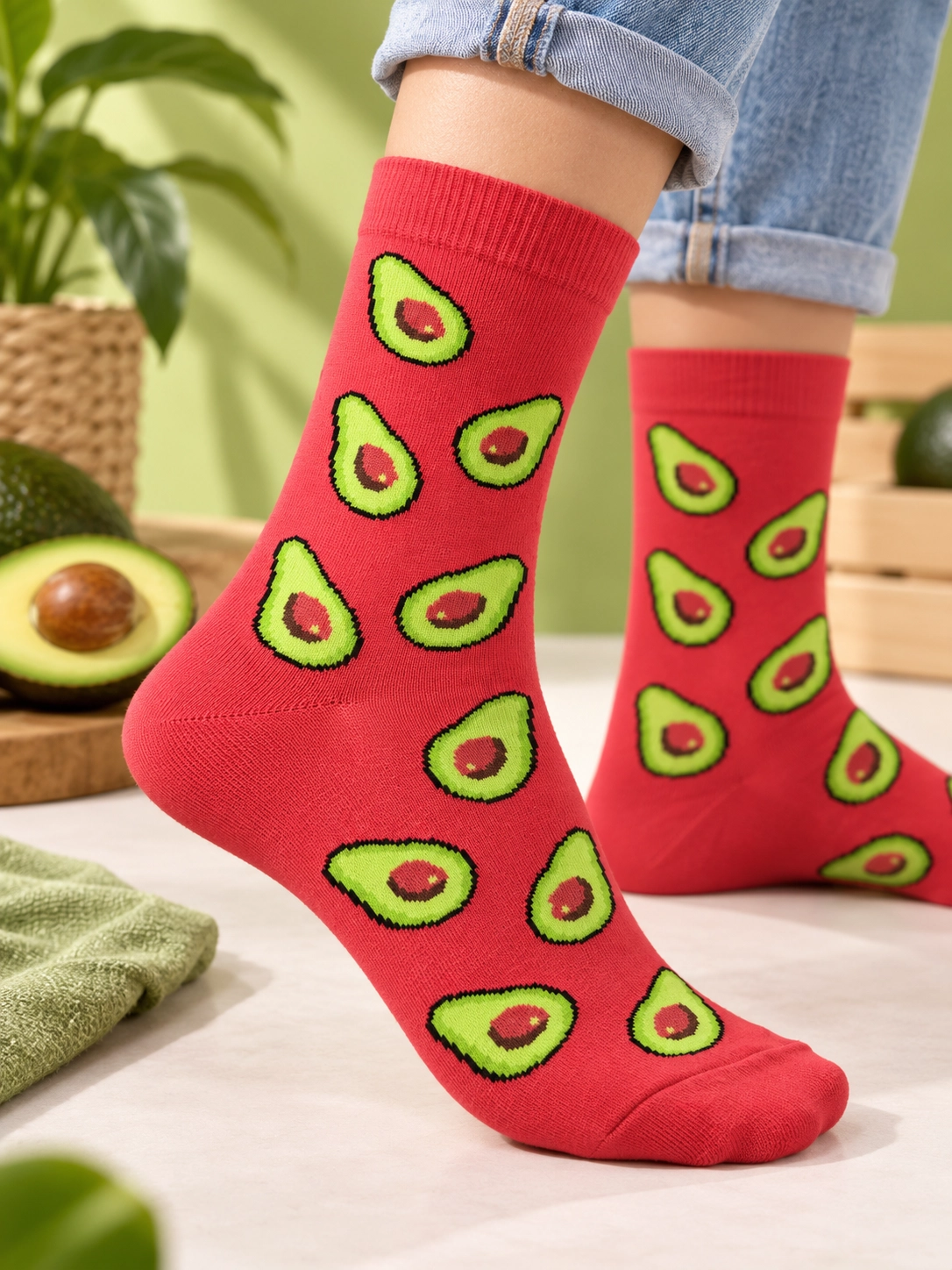Avokado Temalı Kırmızı Çorap