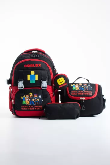 Kore Kawaii 4’lü Okul Çantası Seti Ortopedik Sırt Çantası - Twill Kumaş, Termal Beslenme Çantası, Kalemlik ve Cüzdan