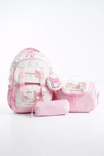 Kore Kawaii 4’lü Okul Çantası Seti Ortopedik Sırt Çantası - Twill Kumaş, Termal Beslenme Çantası, Kalemlik ve Cüzdan