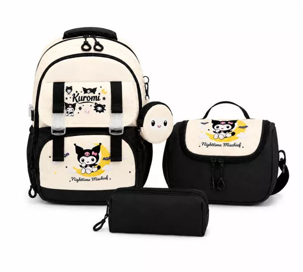 Kore Kawaii 4’lü Okul Çantası Seti Ortopedik Sırt Çantası - Twill Kumaş, Termal Beslenme Çantası, Kalemlik ve Cüzdan
