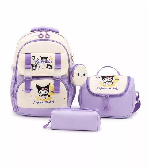 Kore Kawaii 4’lü Okul Çantası Seti Ortopedik Sırt Çantası - Twill Kumaş, Termal Beslenme Çantası, Kalemlik ve Cüzdan