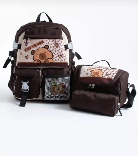 Capybara Kore Kawaii Okul Çantası Seti – Sırt Çantası + Beslenme Çantası + Kalemlik