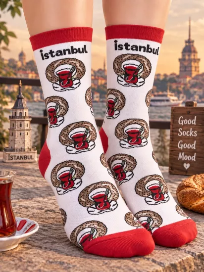 Simit Çay Temalı Çorap