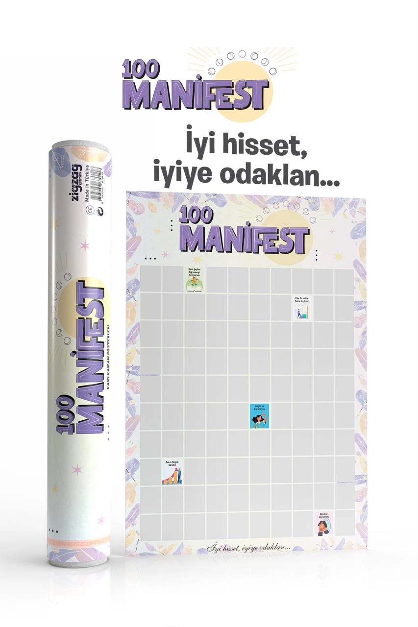 Manifest 100 Kazı Kazan Poster | Motivasyon ve Kişisel Gelişim Posteri | İyi Hisset İyiye Odaklan - Stand Hediyeli