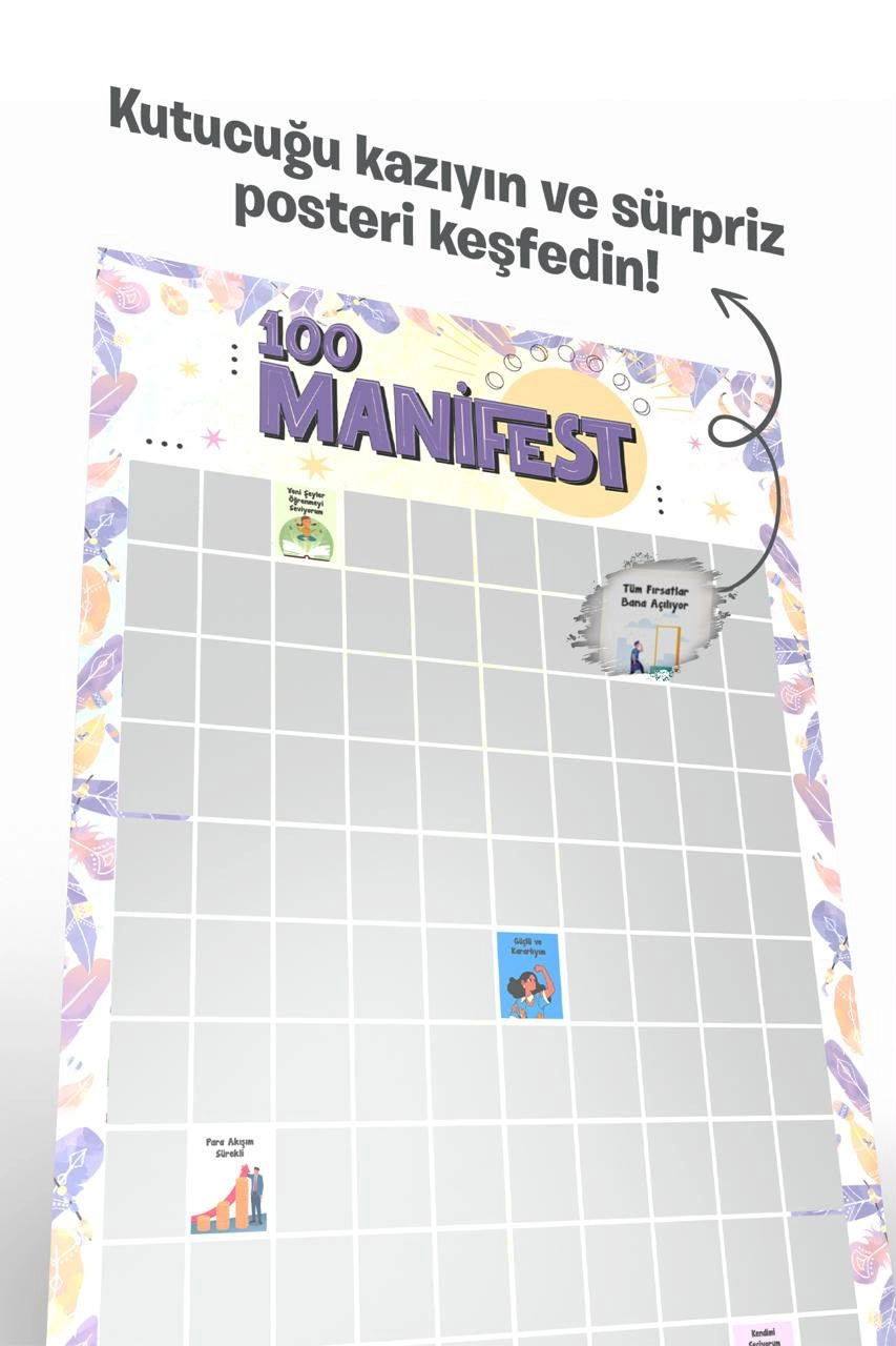 Manifest 100 Kazı Kazan Poster | Motivasyon ve Kişisel Gelişim Posteri | İyi Hisset İyiye Odaklan - Stand Hediyeli