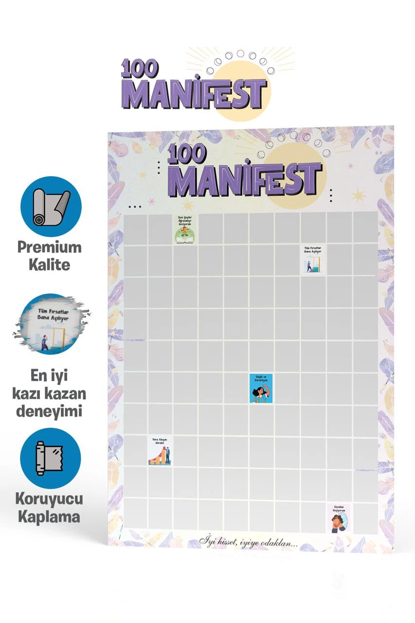 Manifest 100 Kazı Kazan Poster | Motivasyon ve Kişisel Gelişim Posteri | İyi Hisset İyiye Odaklan - Stand Hediyeli