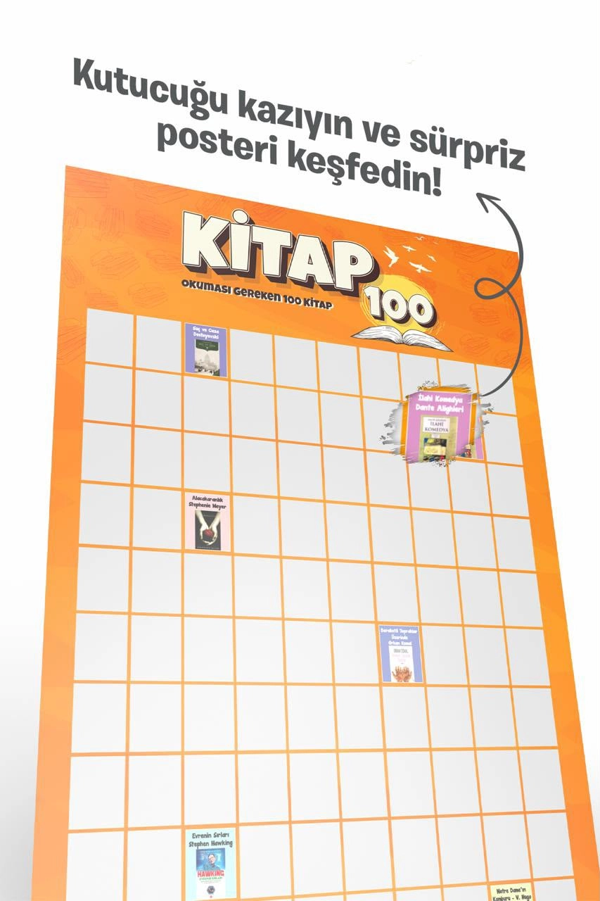 Kitap 100 Kazı Kazan Poster | Okuma Listesi Takip Posteri | Kitapseverlere Hediye- Stand Hediyeli