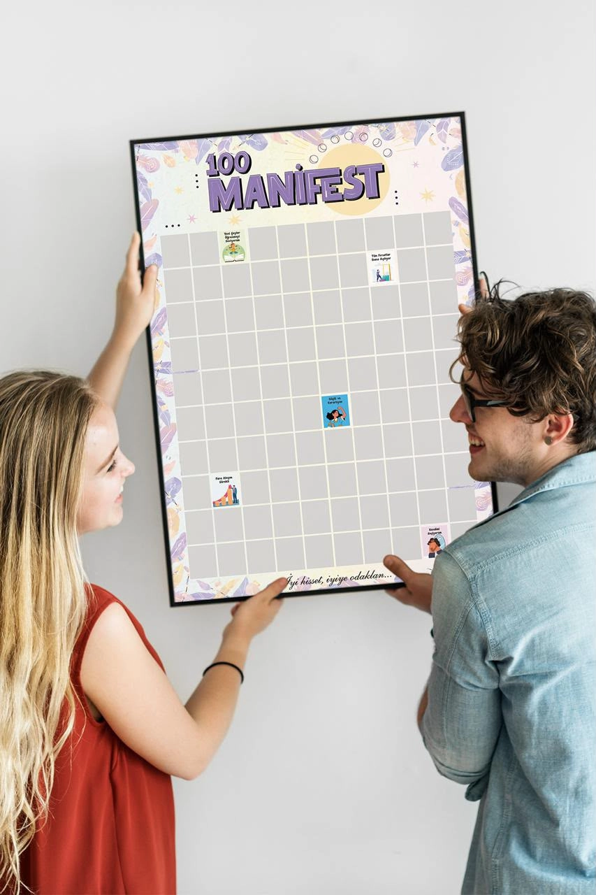 Manifest 100 Kazı Kazan Poster | Motivasyon ve Kişisel Gelişim Posteri | İyi Hisset İyiye Odaklan - Stand Hediyeli