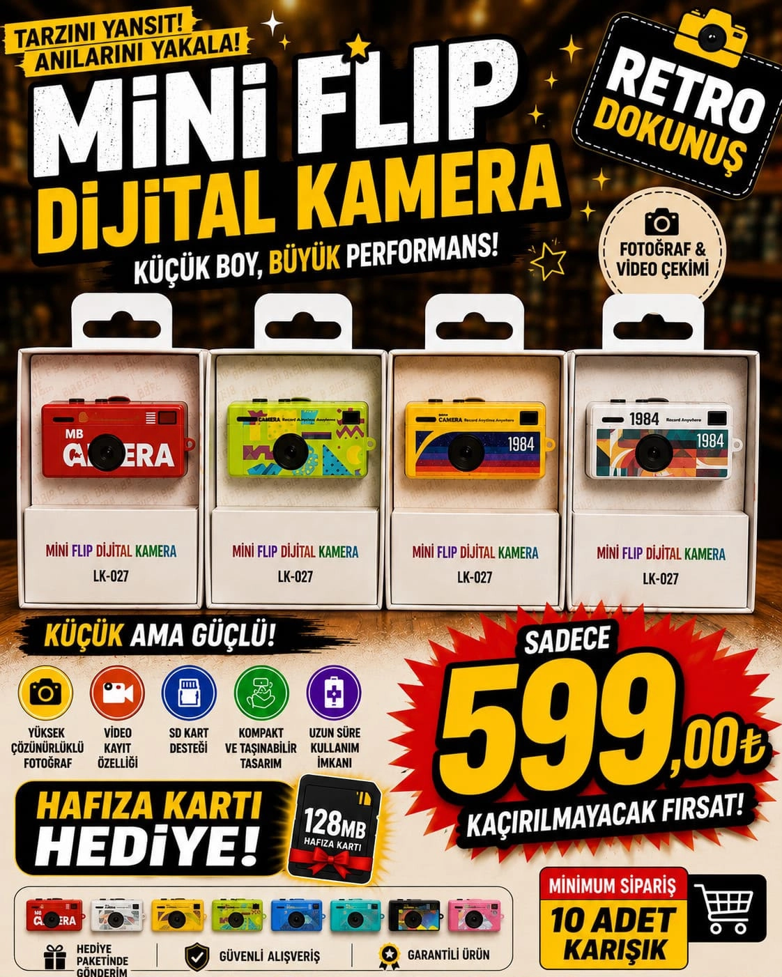 ✨ Popüler Retro Mini Kamera 10lu Karışık Renk