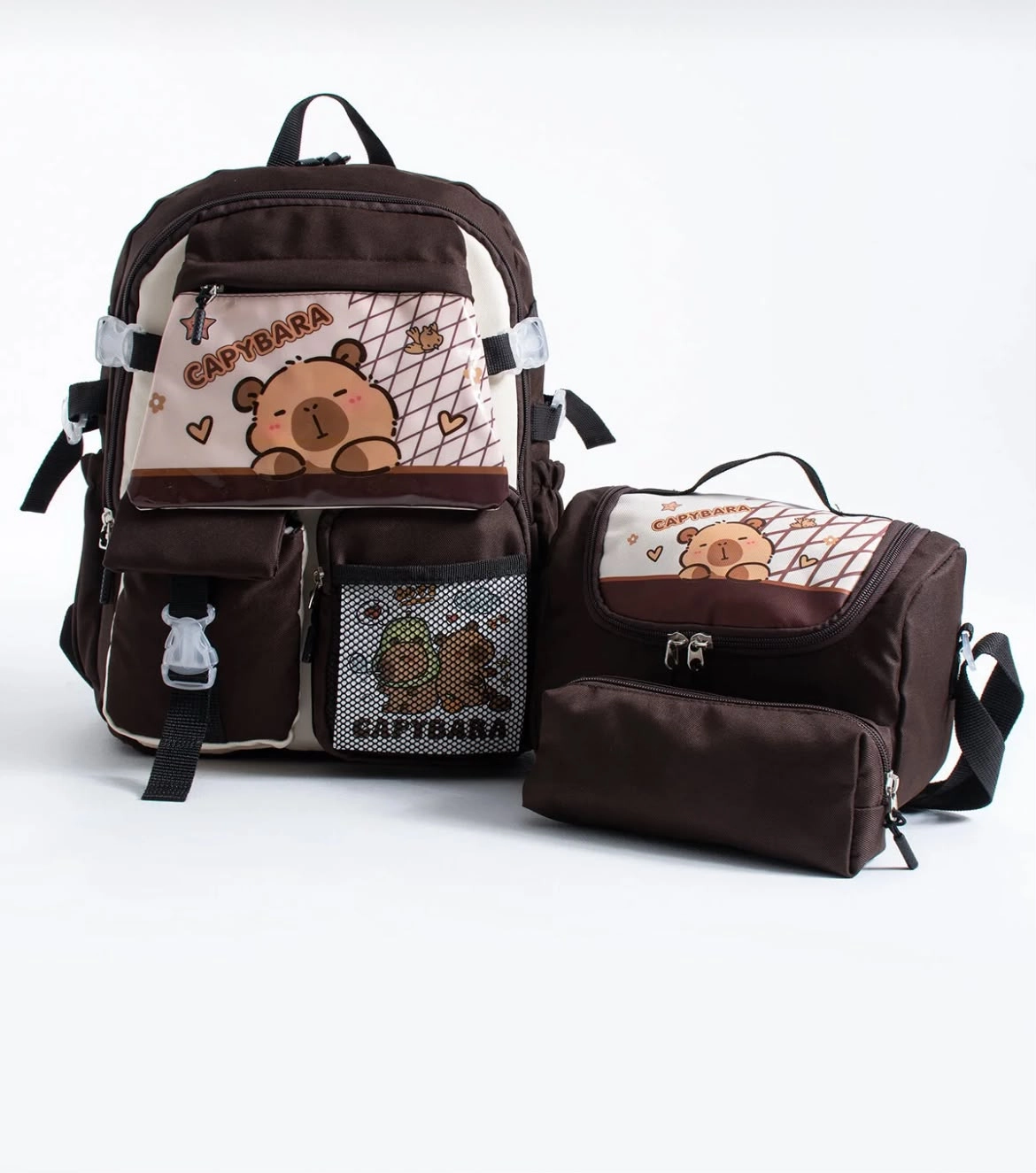 Capybara Kore Kawaii Okul Çantası Seti – Sırt Çantası + Beslenme Çantası + Kalemlik
