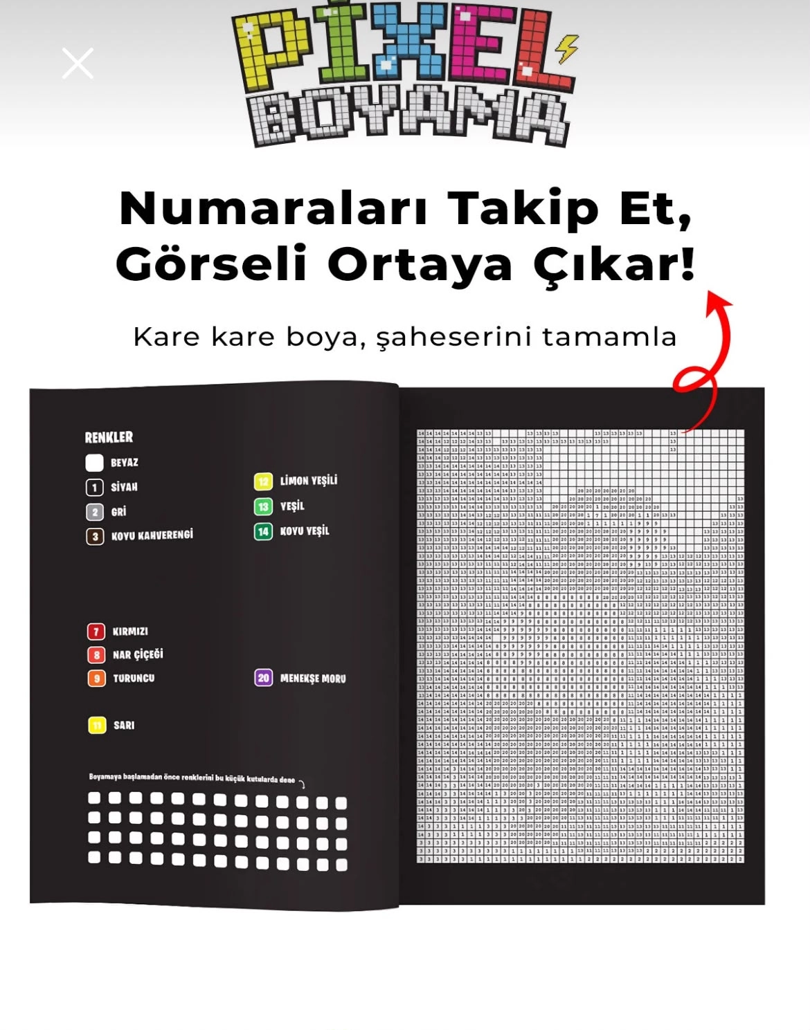 Pixel Boyama Büyükler 1 | Numaralı Boyama Kitabı – 8 Tasarım, 22 Renk Kodu
