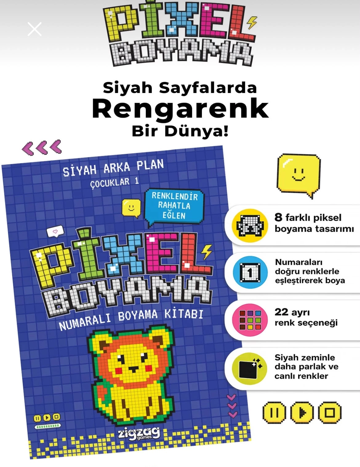 Pixel Boyama Çocuklar 1 | Numaralı Boyama Kitabı – 8 Farklı Tasarım, 6+ Yaş