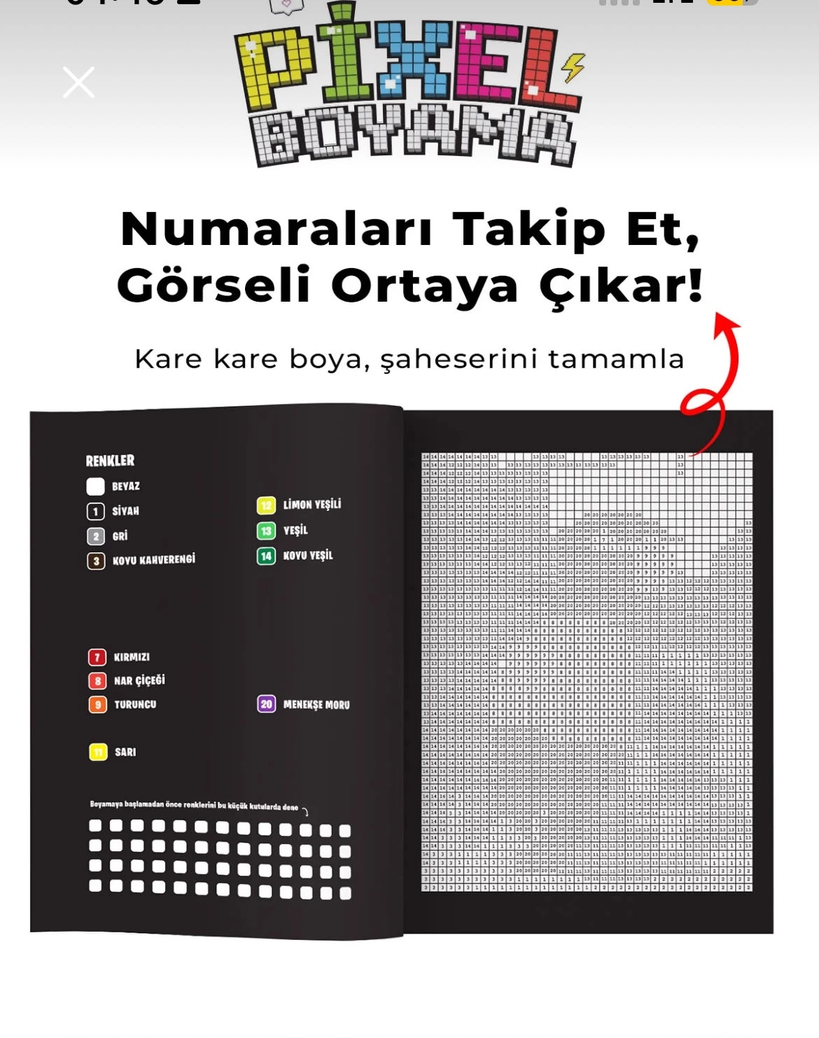 Pixel Boyama Büyükler 2 | Numaralı Boyama Kitabı – 8 Farklı Tasarım, 22 Renk Kodu